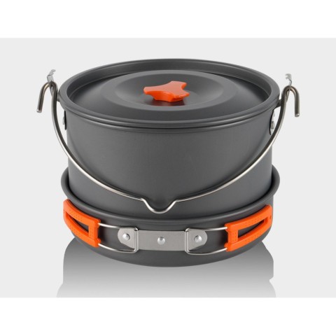 Набір туристичного посуду (2 каструлі з кришкою, котелок, сковорідка, чайник, 6 тарілок, ложка, черпак та губка) BRS-157, алюміній