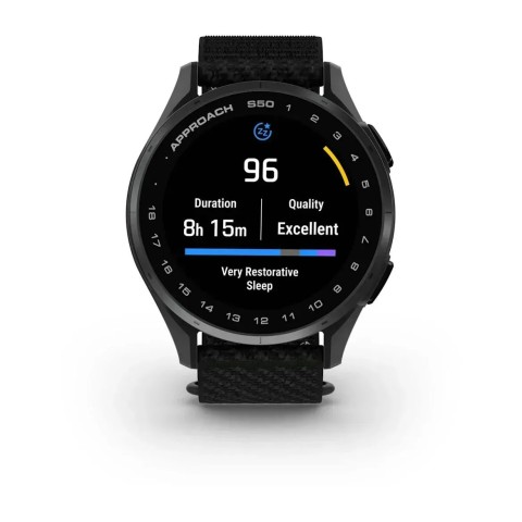 Смарт-годинник Garmin Approach S50 зі сланцевим алюмінієвим безелем та чорним нейлоновим ремінцем ComfortFit