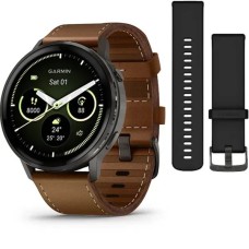 Смарт-годинник Garmin Venu 4 (45 мм) сланцевий з чорним силіконовим ремінцем та коричневим шкіряним