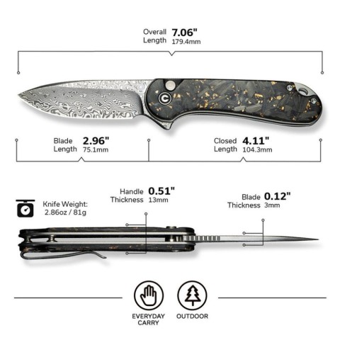 Ніж складаний кишеньковий Civivi Elementum II, (7.5 см) Damascus / Carbon Fiber & Resin
