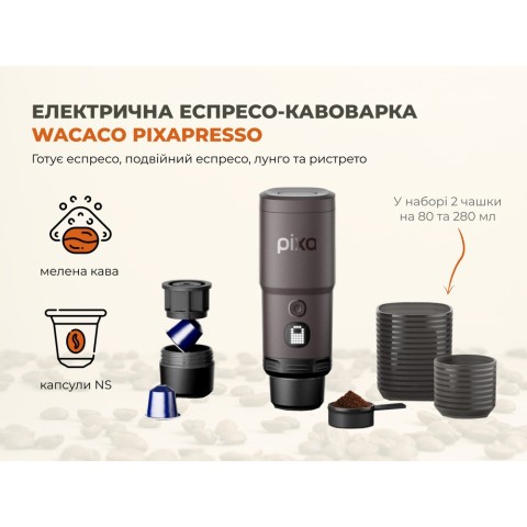 Портативна електрична еспресо-кавоварка Wacaco Pixapresso для меленої кави та капсул, темний бурґунд