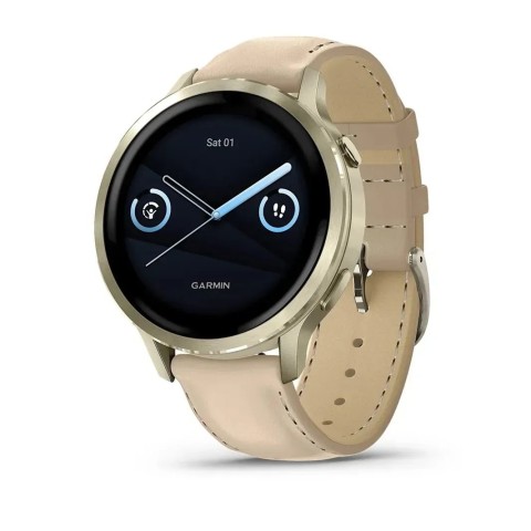 Смарт-годинник Garmin Venu 4 (41 мм) місячне золото з силіконовим ремінцем кольору слонової кістки і пісочним шкіряним