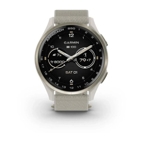 Смарт-годинник Garmin Approach S50 з кремово-золотистим алюмінієвим безелем і нейлоновим ремінцем ComfortFit кольору слонової кістки