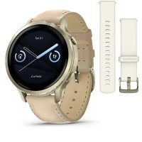 Смарт-годинник Garmin Venu 4 (41 мм) місячне золото з силіконовим ремінцем кольору слонової кістки і пісочним шкіряним