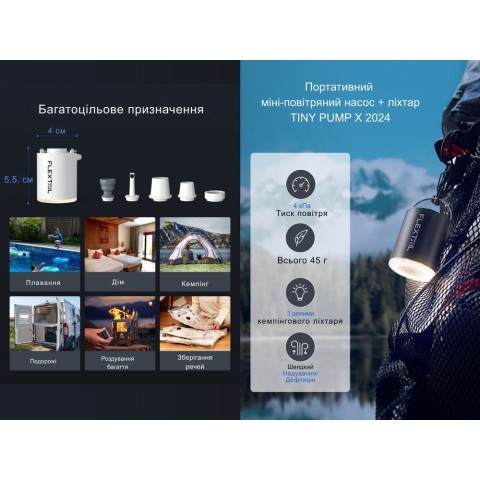 Насос-ліхтар кемпінговий Flextail Tiny Pump Х, чорний із вакуумними пакетами 2 шт (50х70)