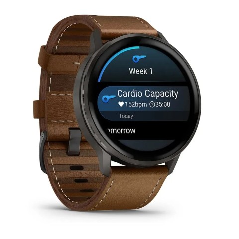 Смарт-годинник Garmin Venu 4 (45 мм) сланцевий з чорним силіконовим ремінцем та коричневим шкіряним