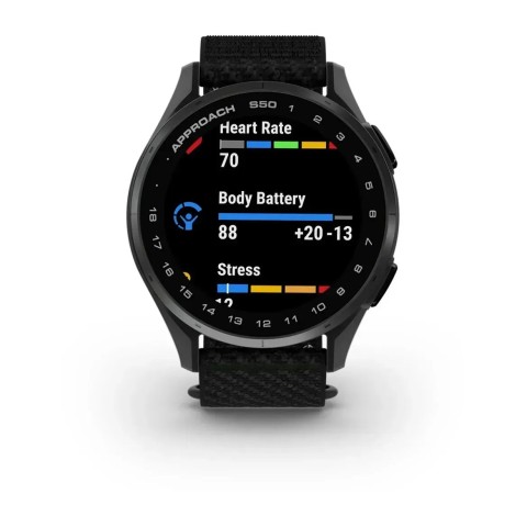 Смарт-годинник Garmin Approach S50 зі сланцевим алюмінієвим безелем та чорним нейлоновим ремінцем ComfortFit