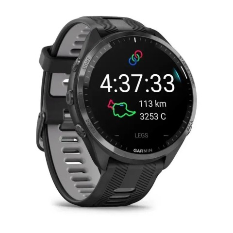 Смарт-часы Garmin Forerunner 965 с карбоново-серым титановым безелем, черным корпусом и черным/серым силиконовым ремешком