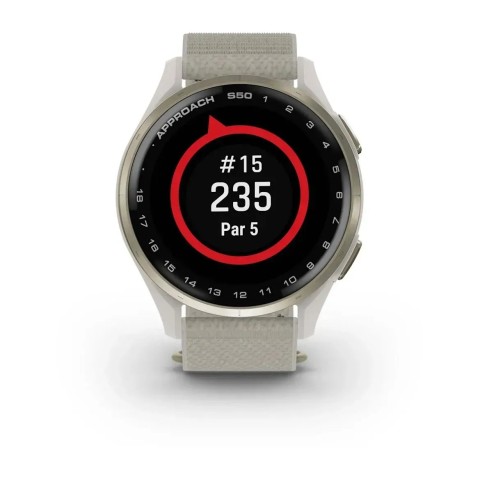 Смарт-годинник Garmin Approach S50 з кремово-золотистим алюмінієвим безелем і нейлоновим ремінцем ComfortFit кольору слонової кістки