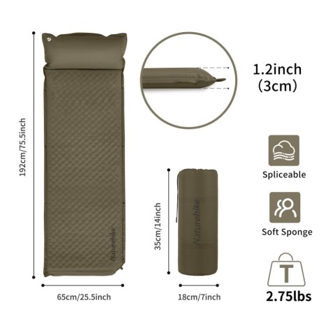Килимок самонадувний одномісний з подушкою Naturehike CNK2300DZ014, 60мм, зелений