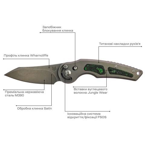 Нож Fox Jupiter Black Blade Titanium, Bead blasted Titanium + Jungle Wear carbon fiber i ц:gray/green