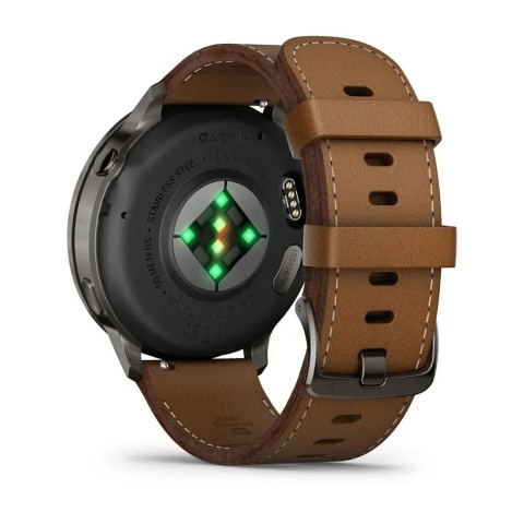 Смарт-годинник Garmin Venu 4 (45 мм) сланцевий з чорним силіконовим ремінцем та коричневим шкіряним