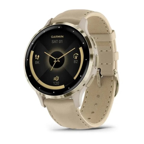 Смарт-годинник Garmin Venu 3s французький сірий із золотистим сталевим безелем і шкіряним ремінцем