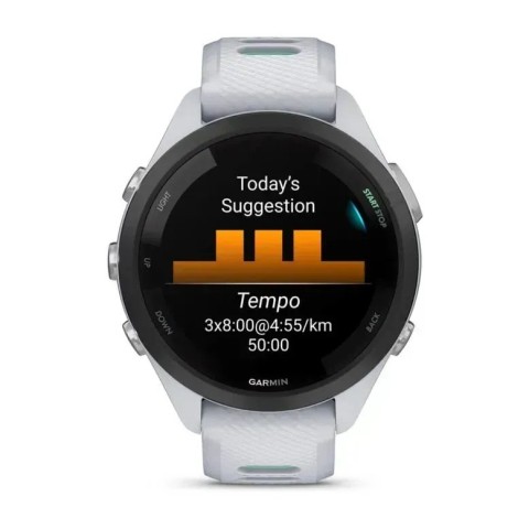 Смарт-годинник Garmin Forerunner 265s з чорним безелем, білим корпусом та білим/неотропік силіконовим ремінцем