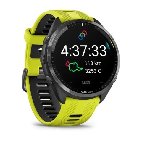 Смарт-годинник Garmin Forerunner 965 з карбоново-сірим титановим безелем, чорним корпусом та жовтим/чорним силіконовим ремінцем