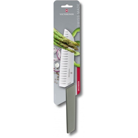 Кухонний ніж Victorinox Swiss Modern Santoku лезо 17см ріфл. з зел. ручкою (блістер)