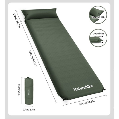 Матрац з подушкою ортопедичний одномісний  Naturehike CNK2450WS020, самонадувний, 200х63х10 см, темно-зелений