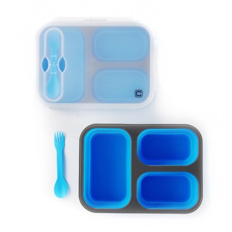Ланчбокс складаний з кришкою-засувкою та ловилкою блакитний СИЛА (350 мл/350 мл/650 мл))