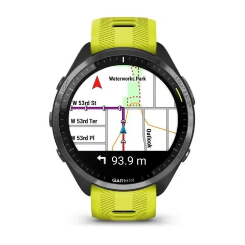 Смарт-часы Garmin Forerunner 965 с карбоново-серым титановым безелем, черным корпусом и желтым/черным силиконовым ремешком