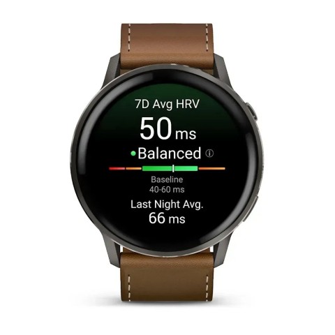 Смарт-годинник Garmin Venu 4 (45 мм) сланцевий з чорним силіконовим ремінцем та коричневим шкіряним