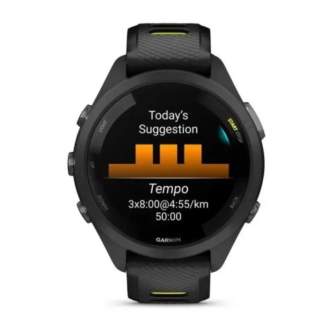 Смарт-часы Garmin Forerunner 265s с черным корпусом и черно-желтым силиконовым ремешком