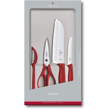 Набір кухонний Victorinox SwissClassic Kitchen Set 4шт з черв. ручкою (2 ножа, ножиці, овочечистка) у подар.упак.