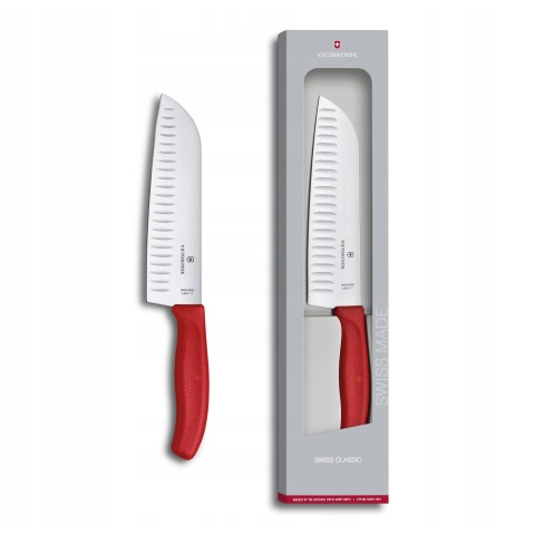 Нож кухонний Victorinox SwissClassic Santoku Fluted, 17 см, красный, подар. кор.
