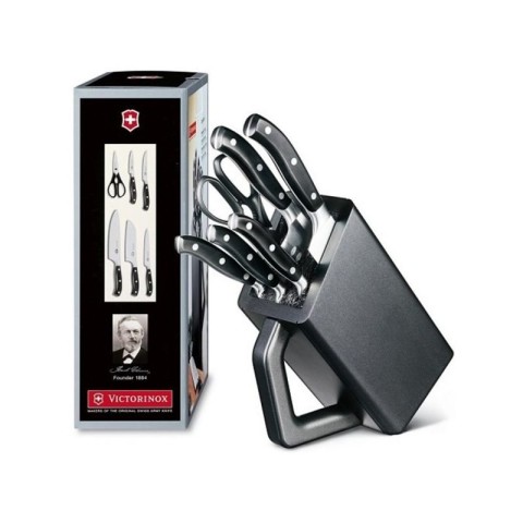 Набір кухонний Victorinox Grand Maitre Сhef's Cutlery Block 6шт з чорн. ручкою з підставкою (5 ножів, ножиці)