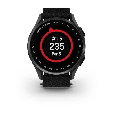 Смарт-годинник Garmin Approach S50 зі сланцевим алюмінієвим безелем та чорним нейлоновим ремінцем ComfortFit