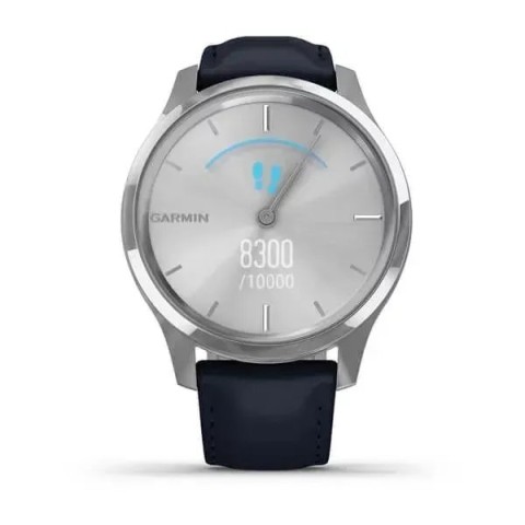 Смарт-годинник Garmin vivomove Luxe зі сріблястим корпусом та темно-синім ремінцем