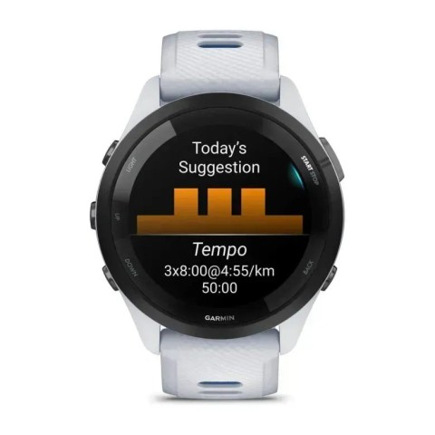 Смарт-годинник Garmin Forerunner 265 з чорним безелем, білим корпусом та білим/синім силіконовим ремінцем