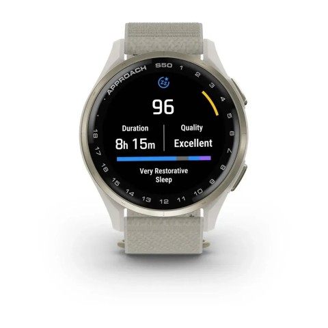 Смарт-годинник Garmin Approach S50 з кремово-золотистим алюмінієвим безелем і нейлоновим ремінцем ComfortFit кольору слонової кістки