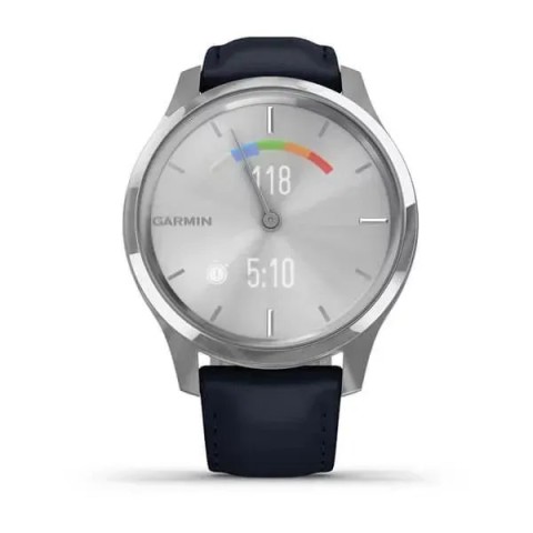 Смарт-годинник Garmin vivomove Luxe зі сріблястим корпусом та темно-синім ремінцем