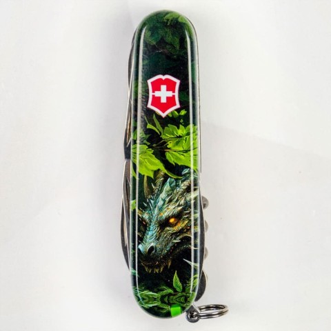 Ніж Victorinox Huntsman Zodiac 91мм,15функ ,Зелений дерев'яний дракон