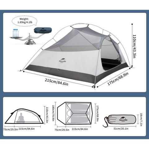 Намет надлегкий тримісний з футпринтом Naturehike Cloud Up 3 UL NH18T030-T-T, 20D, темно-синій