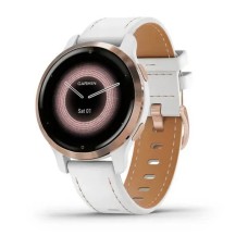 Смарт-годинник Garmin Venu 2S білий з рожево-золотистим безелем і шкіряним ремінцем