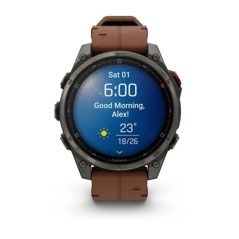 Смарт-годинник Garmin fenix 8 Pro AMOLED (47 мм) Sapphire карбоново-сірий DLC титан з каштановим шкіряним ремінцем