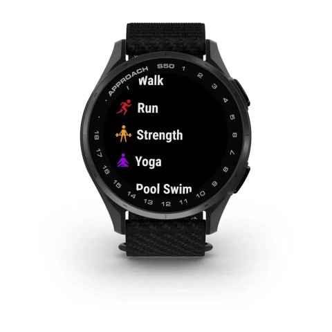 Смарт-годинник Garmin Approach S50 зі сланцевим алюмінієвим безелем та чорним нейлоновим ремінцем ComfortFit