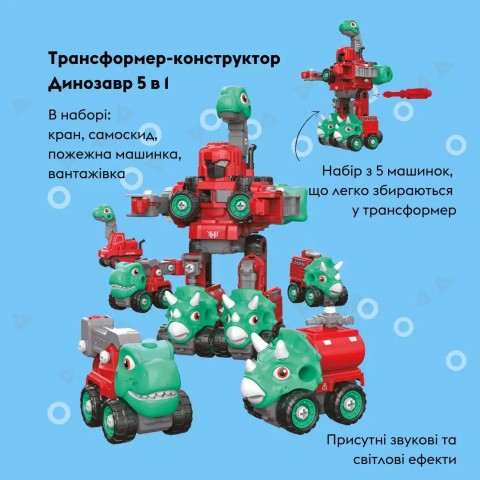 Машинка-конструктор OTAMANKO Трансформер Динозавр 5 в 1 Бірюзовий/червоний