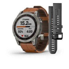 Смарт-часы Garmin fenix 7 Sapphire Solar титановые с каштановым кожаным ремешком