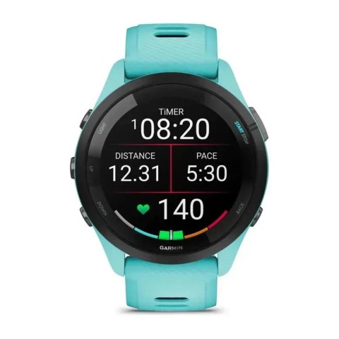 Смарт-годинник Garmin Forerunner 265 з чорним безелем, корпусом кольору аква та аква/чорним силіконовим ремінцем