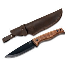 BSH 3 Ніж Bushcraft із вороненим лезом із вуглецевої сталі з горіховою ручкою та шкіряним футляром
