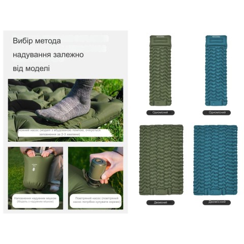 Матрац туристичний надувний двомісний  Naturehike CNK2550WS019, 200х125х6.5 см, зелений, для кемпінгу із мішком для надування