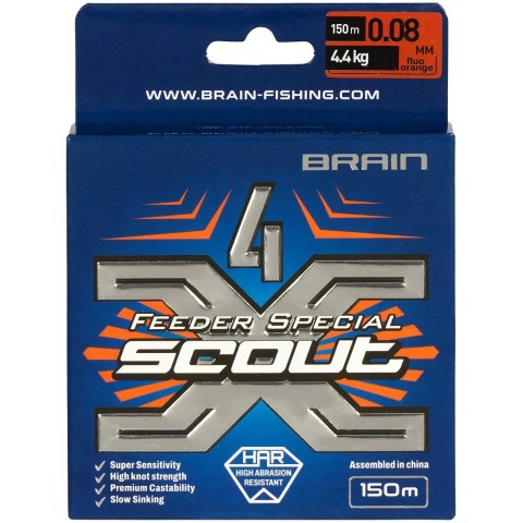 Шнур Brain Scout 4X 150m (fluoro Orange) 0.080mm 4.4kg