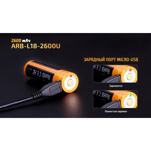 Акумулятор 18650 Fenix (2600 mAh) micro usb зарядка