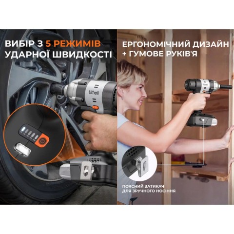 Акумуляторний ударний гайковерт Litheli щітковий, живлення від павербанку (УМБ Litheli Power Bank 20000 mAh, 45 W, 2А в комплекті)