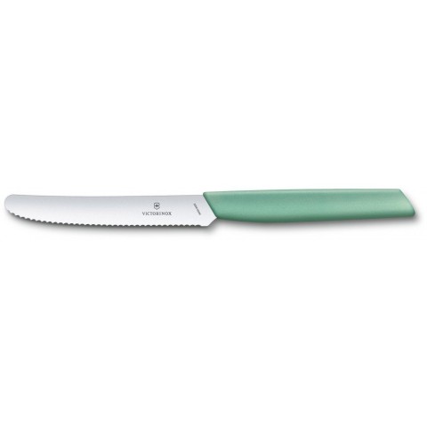 Кухонный нож Victorinox Swiss Modern Tomato&Sausage 11см закругл.нос, волн. с мятн. ручкой