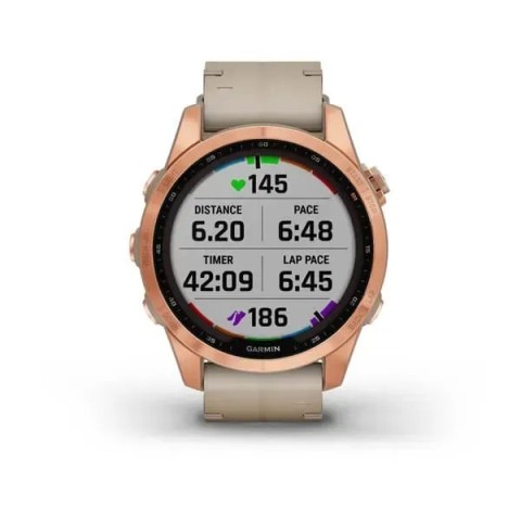 Смарт-годинник Garmin fenix 7S Sapphire Solar рожево-золотистий титановий зі шкіряним ремінцем кольору вапняка