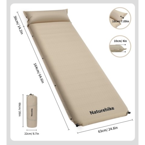Матрац з подушкою ортопедичний одномісний  Naturehike CNK2450WS020, самонадувний, 200х63х10 см, бежевий
