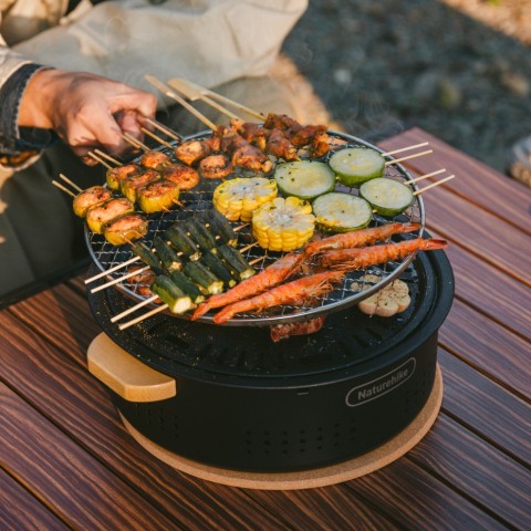 Настільна кругла піч із решіткою гриль та сковорідкою Naturehike CNK2550CF010, 36*32.6*12 см, хромоване залізо